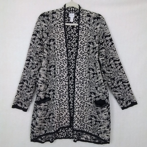 Chico's Open Front Knit Cardigan‎ Sweater Size 1X in Black, Beige - Picture 1 of 10